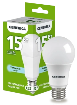 Лампа LED A60 груша 15Вт 230В 6500К E27 GENERICA