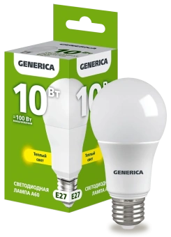 Лампа LED A60 груша 10Вт 230В 3000К E27 GENERICA