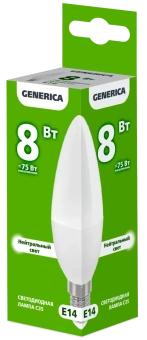 Лампа LED C35 свеча 8Вт 230В 4000К E14 GENERICA